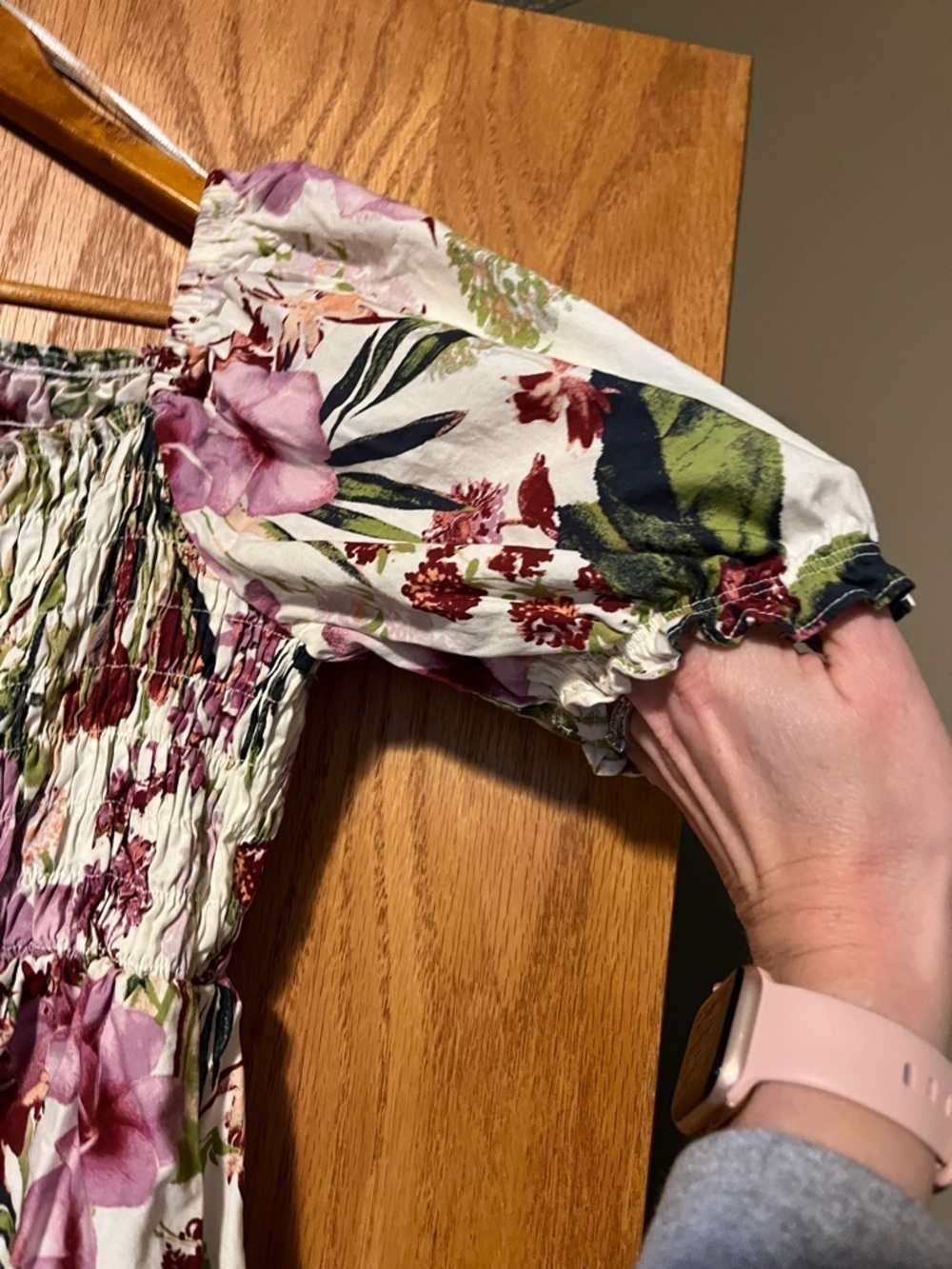 Maison Tara Purple & Green Floral Smocked Puff-Sleeve Dress - Picture 5 of 8
